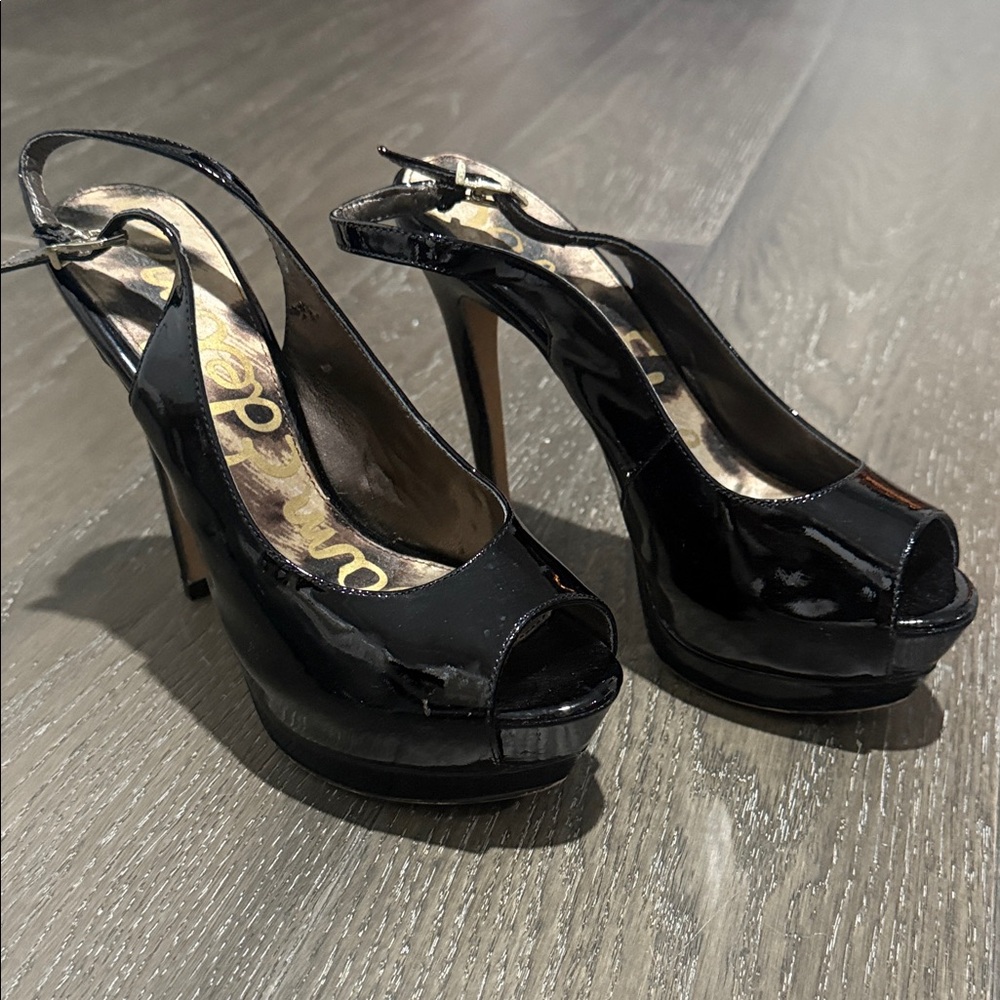 Sam Edelman Black Patent Peep-Toe Slingback Heels